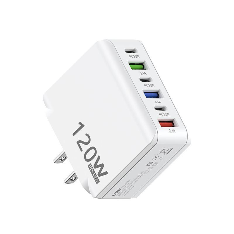 Многопортовое быстрое зарядное устройство 120 Вт: 3 USB + 3 PD, Совместимо с US/EU/UK