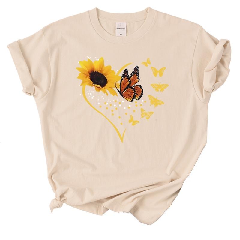 Простые женские футболки с принтом подсолнухов, бабочек, сердец, с коротким рукавом, удобные мягкие топы с круглым вырезом, летняя повседневная женская одежда