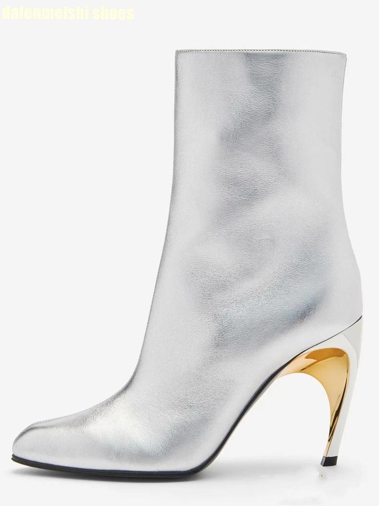 Metal Strange Style Stiletto High Heel Short Boots 2025 New Pointed Toe Mid-Calf Boots Side Zipper Black Women's Boots