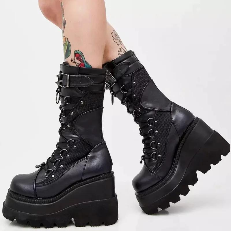 Women High Boots Cosplay Mid-calf Boots High Platform Wedges Boots 2025 Summer Autumn New Designer Gothic Shoes for Women Botas