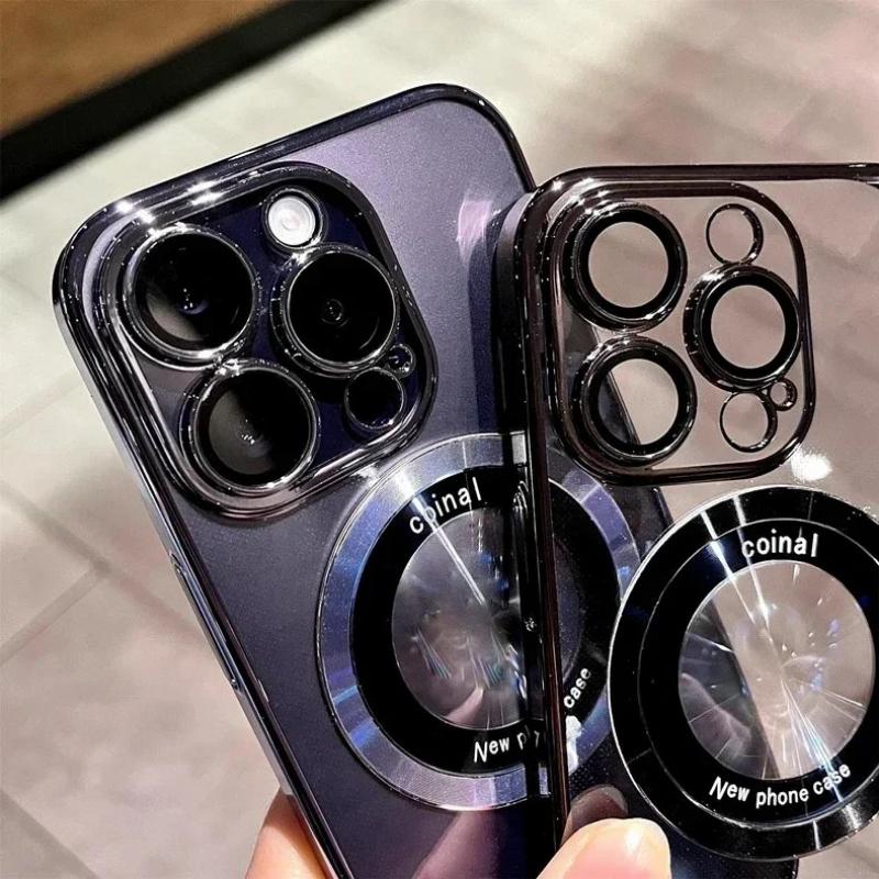 Alloy Logo Hole Magnetic Phone Case for For Iphone 17 16 1 14 13 12 11 Pro Max 16 Plus Plating Clear Lens Protector Cover