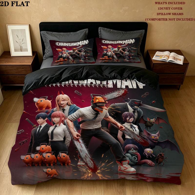 Chainsaw Man Pattern Bedding Quilt Set Quilt Cover Pillowcase Home Birthday Gift(1 * duvet cover + 2 * pillowcase, without core)
