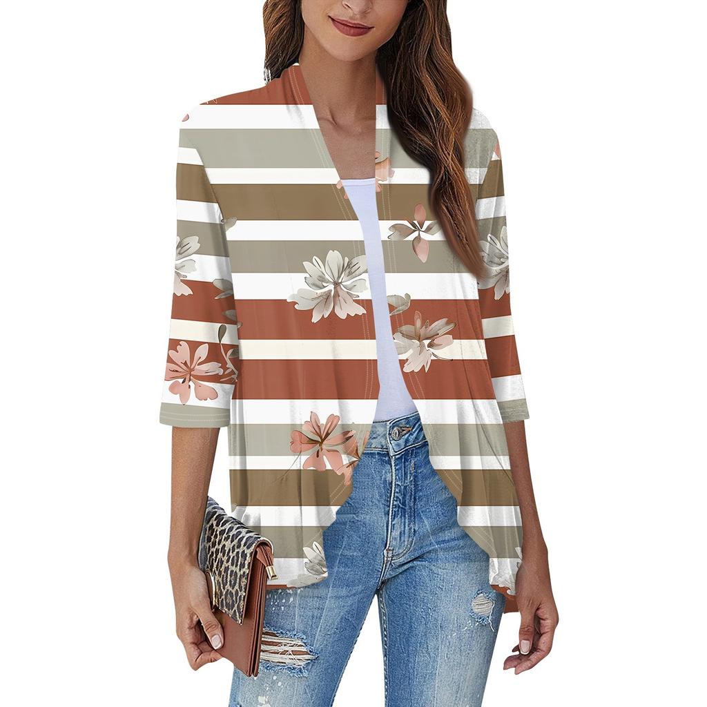 Women'S Casual Daily Cropped Sleeve Printed Shirt Top Soft Drape Ruffle Cardigan