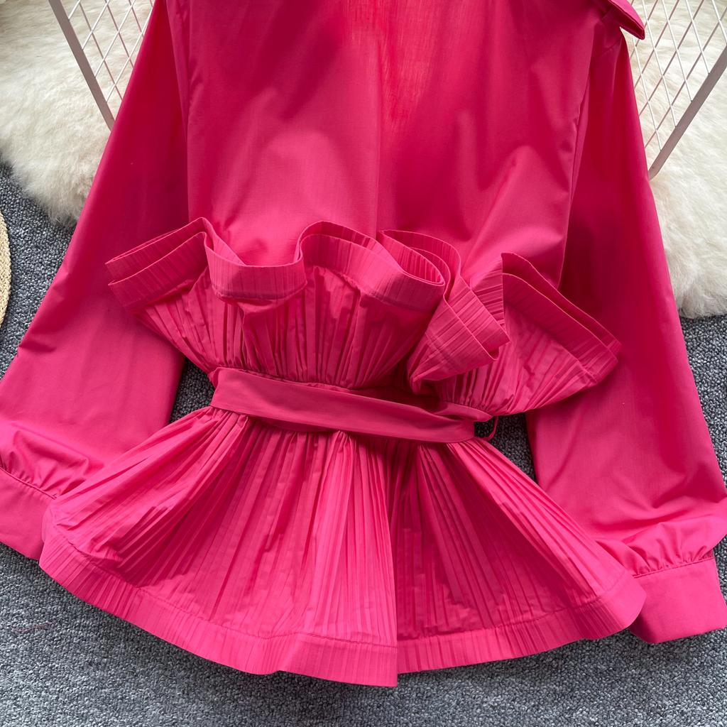 Стиль дочери в стиле легкой роскоши, высококлассная рубашка с воротником-костюмом, женская осенняя куртка с дизайном талии на ремешке и краем в виде лепестков лотоса