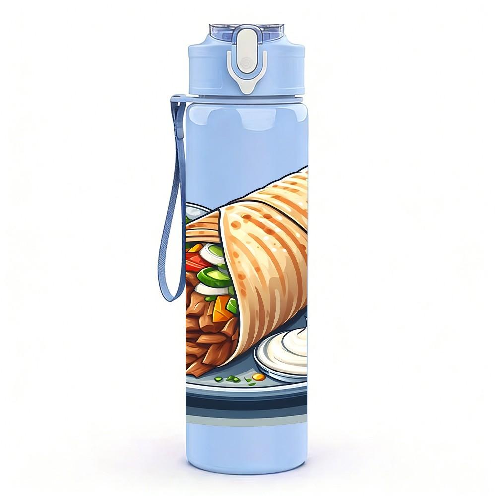 1PC Burrito Mixed Food Meal Print 750ml Color Plastic Sports Water Bottle Leakproof Flip Straw Lid Suitable for Sports Office Home Use