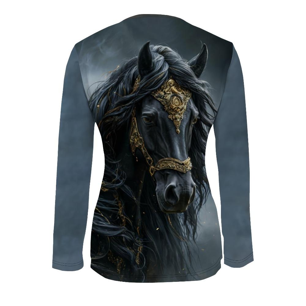 Ladies Vintage Black Gold Horse Printed Top - Zipper V-Neck Long Sleeve, Breathable Machine Washable