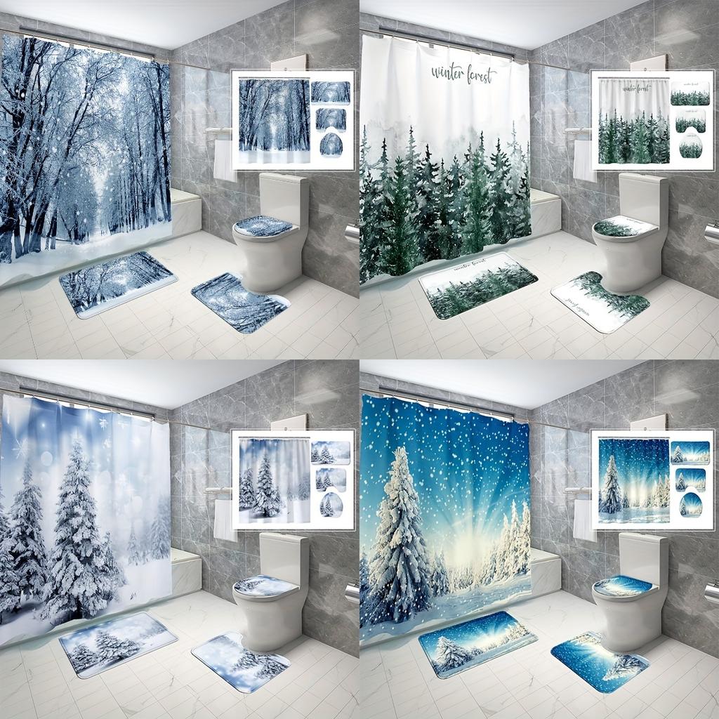 4pcs Winter Forest Shower Curtain Set Decorative Bathroom Set Waterproof Non-Slip Carpet Toilet Cover Bath Mat 12 Hooks