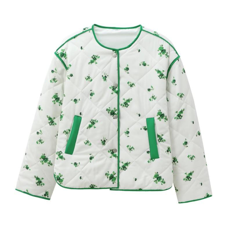 Womens Lightweight Quilted Cotton Jacket With Floral Print Round Neck Loose Fit Front Pockets Long Sleeve
