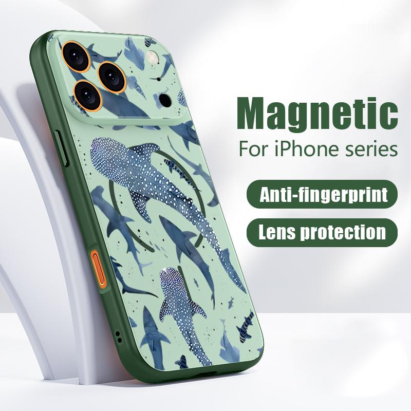 Чехол с узором Акула и Кит для iPhone 17 Pro Max Магнитный Для Magsafe Гибридный Тонкий Матовый Чехол Для iPhone 16 15 14 13 Pro Max