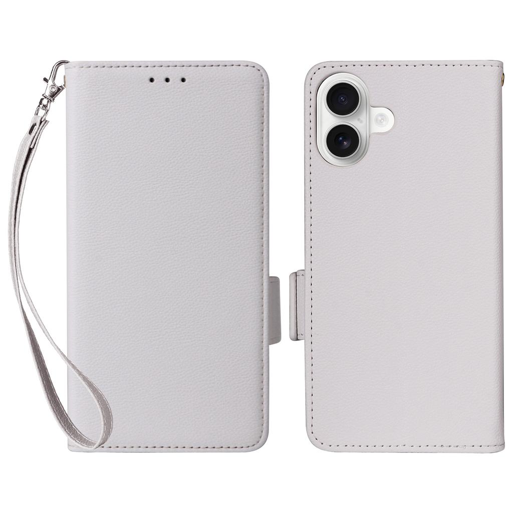 For iPhone 16 Plus Case with Wrist Strap Litchi Texture PU Leather Wallet Phone Cover