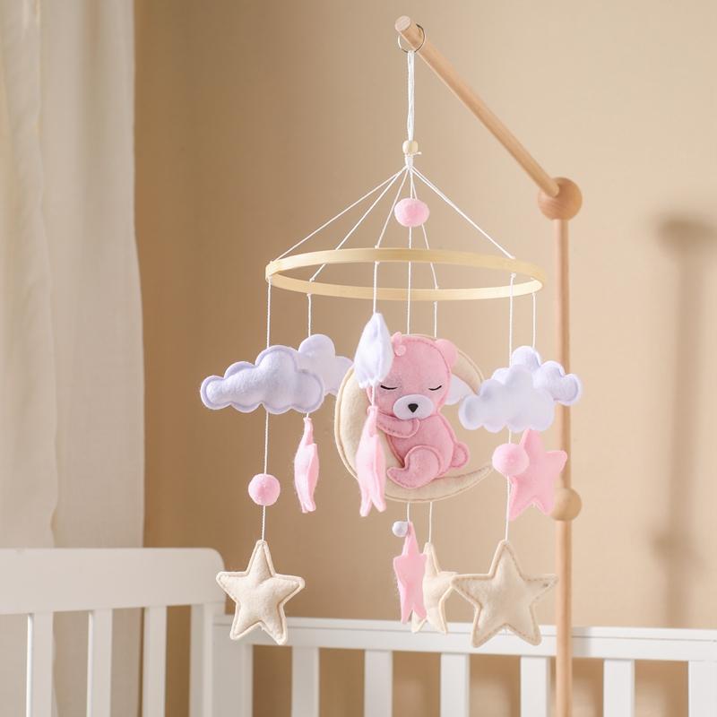 Crib Mobile Rattle Baby Wooden Bed Bell Baby Rattles Soft Felt Cartoon Bear Toys Crib Mobile Bed Bell Wood Toy Bracket Kid Gifts