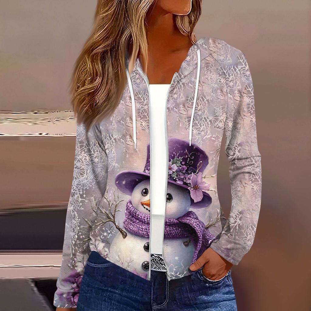 Женская модная повседневная куртка с капюшоном на молнии с рождественским принтом и длинными рукавами