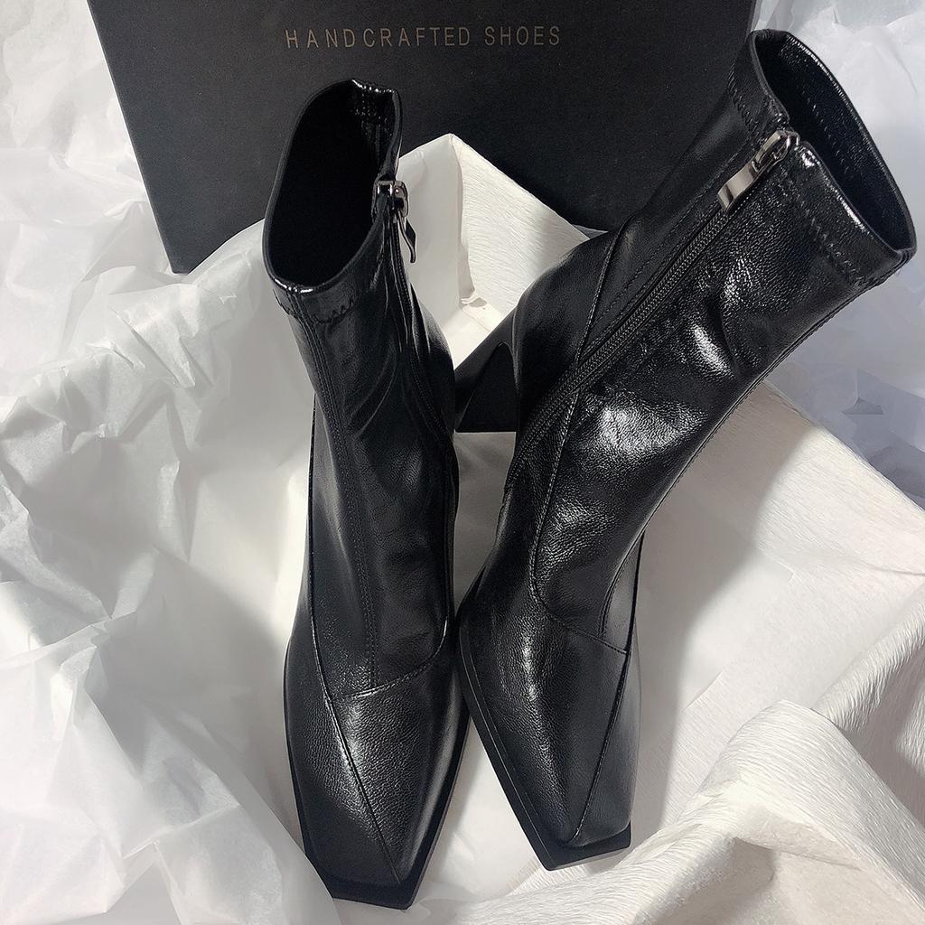 Huge and easy to wear! High-heeled elastic thin boots square head side zipper new niche thick-heeled temperament short boots