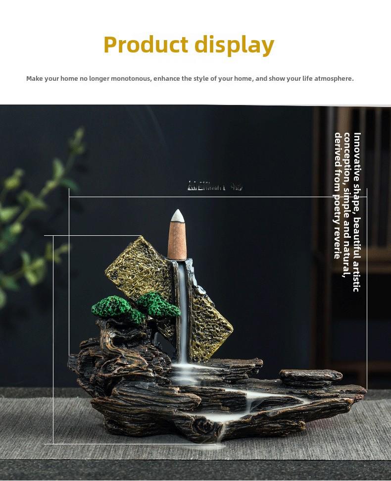 Creative Indoor Backflow Incense Burner: Mountain Stream Design with Agarwood & Sandalwood Aromatherapy for Home Decor