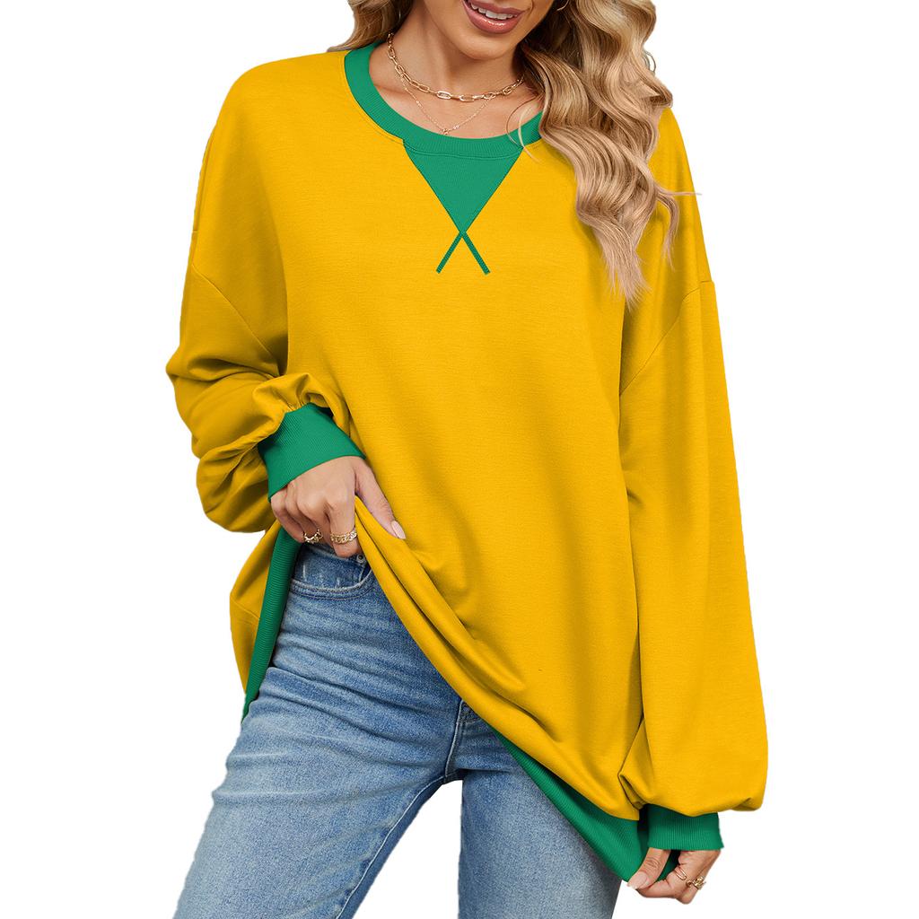 Spring and Autumn Women's Plus Size Color Collision Round Neck Loose Long Sleeve Sweatshirt Top