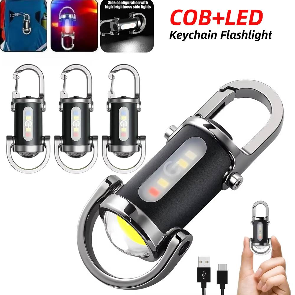 Мощный мини COB светодиодный фонарик-брелок, перезаряжаемый через USB-C, подвесной рабочий свет, водонепроницаемый брелок, кемпинг, прогулки, карманный фонарик