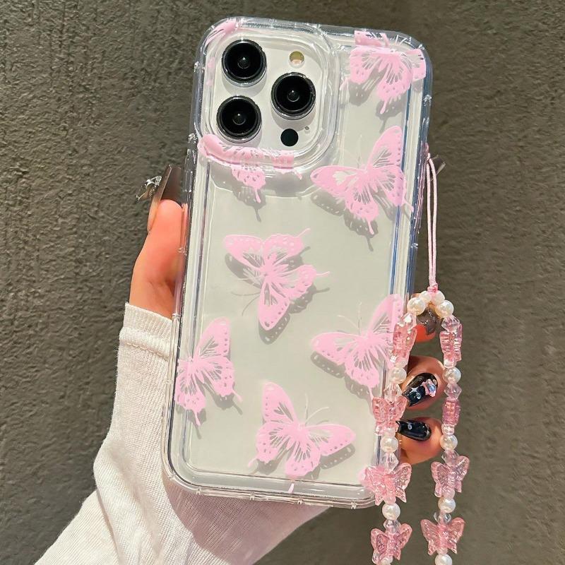 Чехол для телефона с узором бабочки для iPhone 17 Air 16 15 14 13 12 11 Pro Max 16E X XR XS Max 7 8 Plus Прозрачный чехол с ремешком