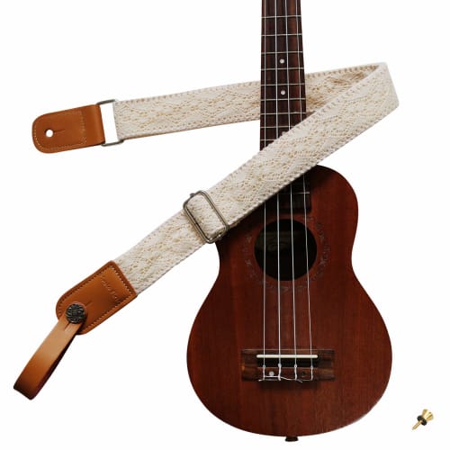 MUSIC FIRST Original Design Cream Graceful & Vintage Lace Soft Lace & Genuine Leather Ukulele Strap Ukulele Shoulder Strap with Genuine Leather Strap