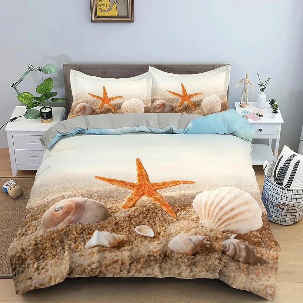Luxury New 3D Print Beach Starfish Duvet Cover Set Queen Blue Cute Ocean Creatures Bedding Set Sea Shells Starfish Cover