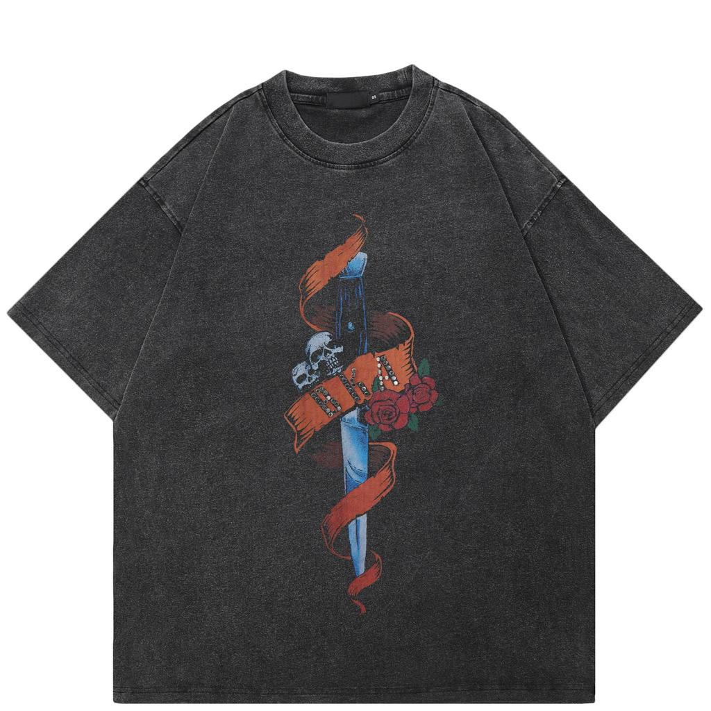 Streetwear Funny Graphic T-Shirt Cotton Washed Black Tshirt Unisex Tops Tees Summer Short Sleeves T Shirt