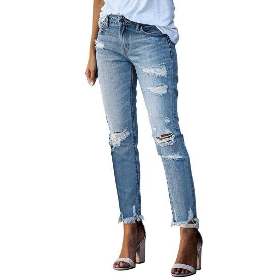 Женские узкие рваные джинсы средней посадки с потертостями и карманами, эластичные облегающие джинсовые брюки