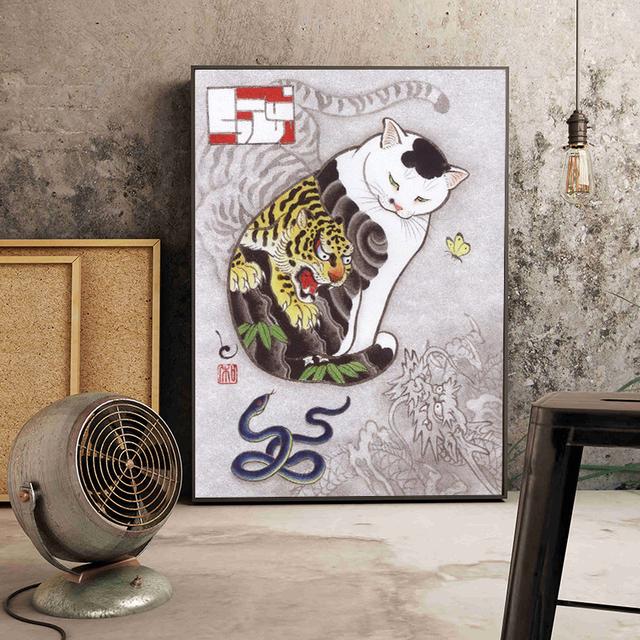 Solid Wood Frame Japanese Floating Samurai Cat Canvas Painting Retro Style Posters and Prints Wall Art Pictures for Living Room Wall Decor