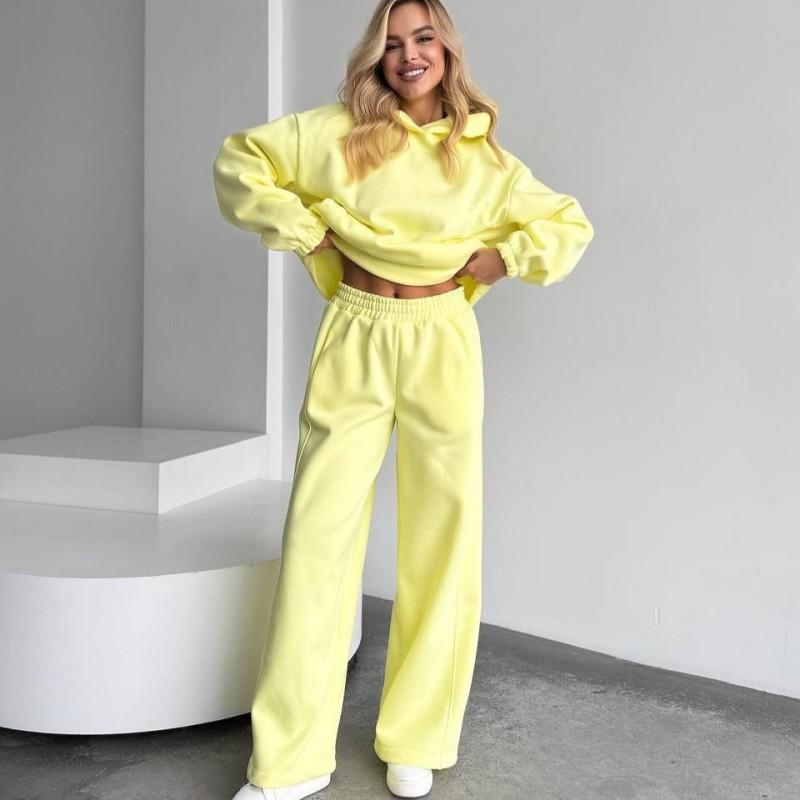 Womens Casual Solid Color Hooded Long Sleeve Top Wide Leg Pants 2-Piece Set Loose Fit Streetwear Outfit
