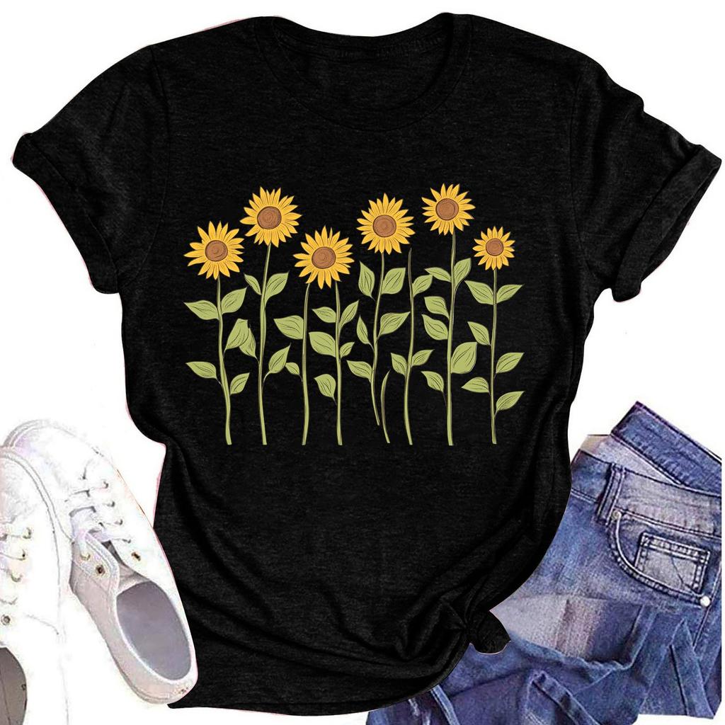 Женская повседневная футболка с круглым вырезом и цветочным принтом, короткий рукав