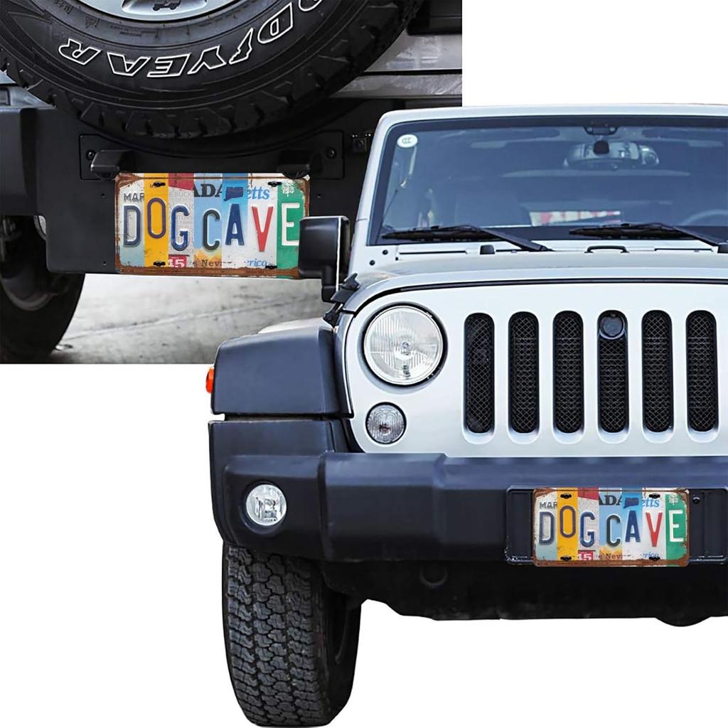 Dog Cave Front License Plate for Women Car Vanity Plates Decorative Aluminum Metal Cute Novelty License Plate Cover for Men 6x12 Inch (4 Holes)