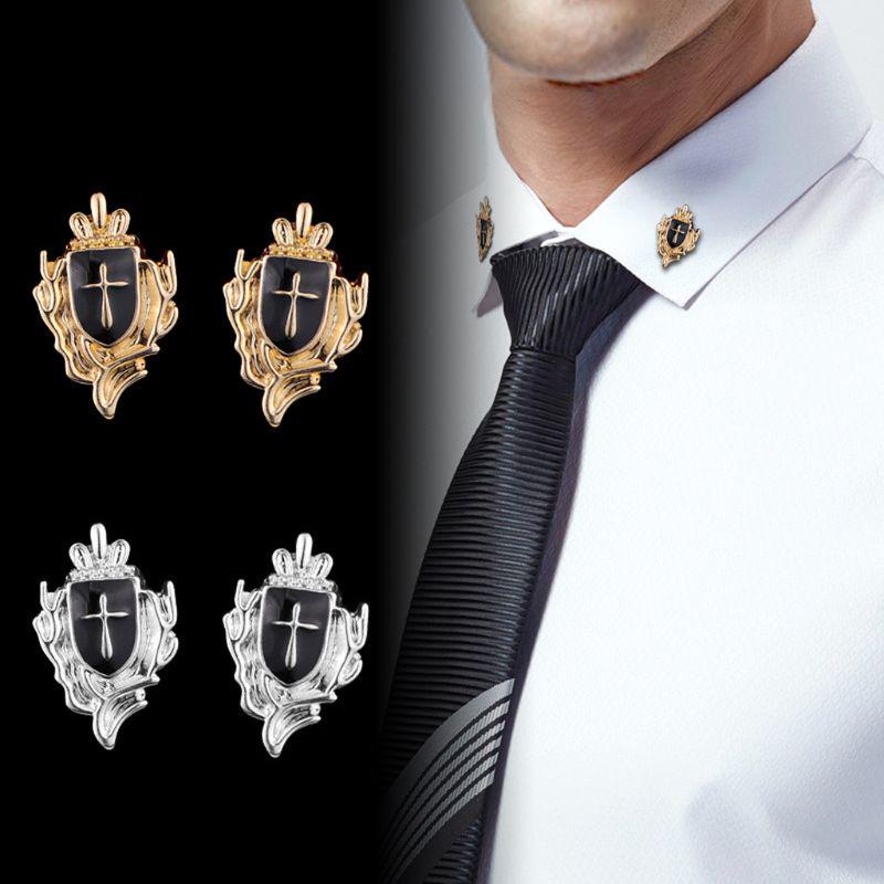 1 Pair Cross Shield Business Suit Shirt Collar Lapel Pin Brooch Tips Men Jewelry