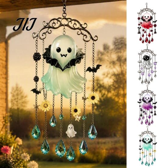 Spooky Home Decor Halloween Ghost Wind Chime Decoration, Vintage Sun Catcher with Faux Crystal Window Hanging Decoration Drops Tassels, Acrylic