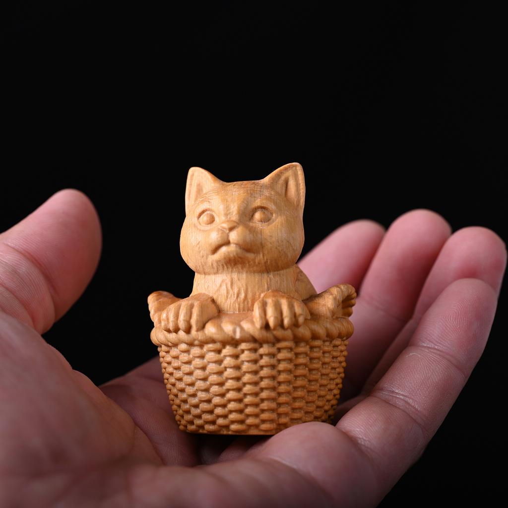 Резная корзина из цельного дерева и бамбука, Фигурка кошки, Миниатюрная милая статуэтка животного - деревянный кот, Для декора комнаты, офиса, дома, Сувениры для детских мероприятий
