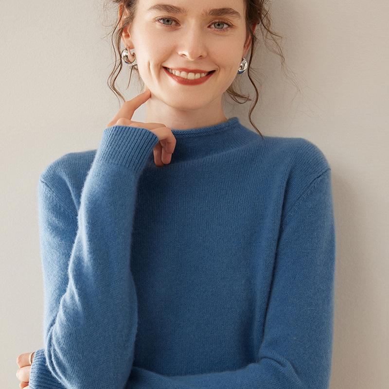Women's Cashmere Rolled Hem Turtleneck Sweater: Pure, Double-Ply, Thick Knit, Short, Loose, Versatile Base Layer