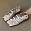Fashion Fashion Belt Buckle Design White Flat Sandals Women High Quality Comfort  Low Heel Roman Sandals Summer Soft Leather Beach Shoes