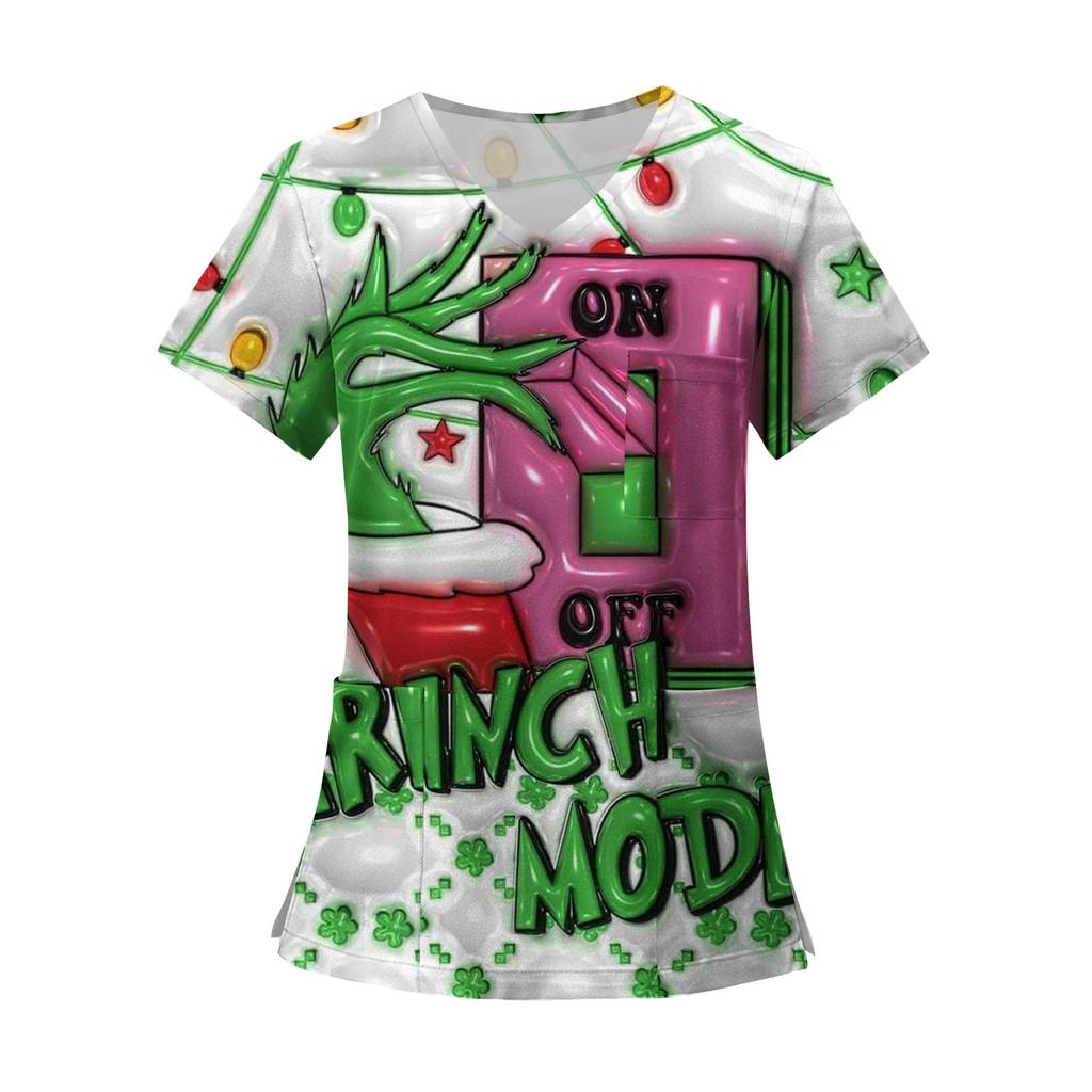 Women's Fashion Printed Short Sleeve V Neck Pattern Tops Pocket Working T-shirts