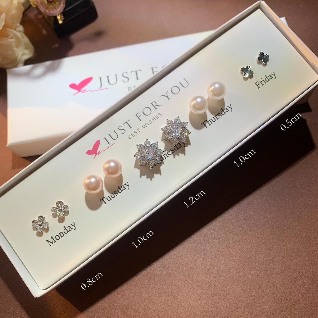 Набор серег-пуссетов в форме сердца с цирконом, цветком и жемчугом для женщин