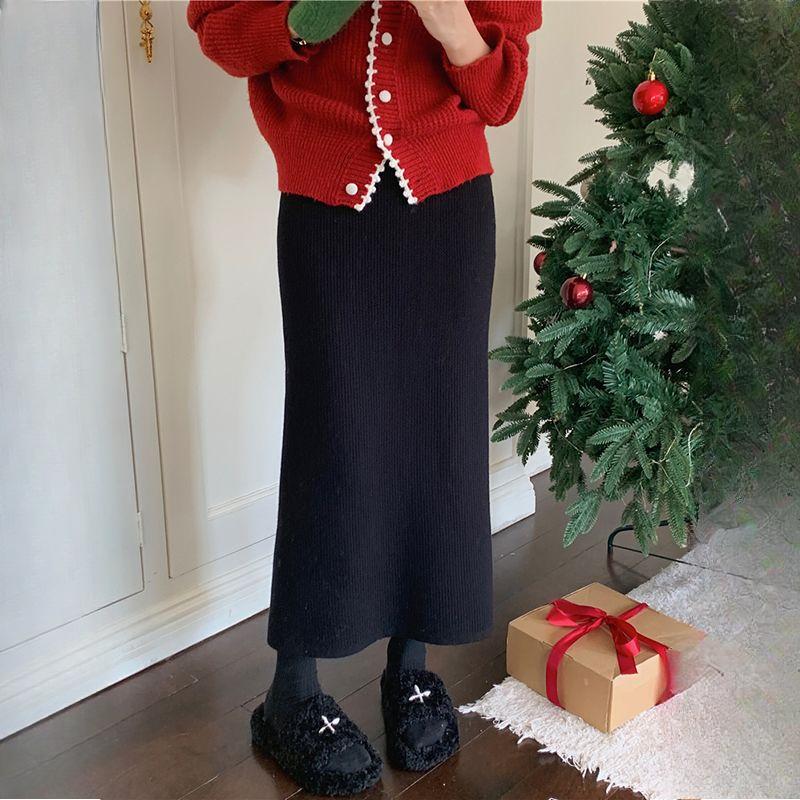 Женская вязаная юбка-полусолнце из толстого флиса с подкладкой из меха норки, однотонная, универсальная, минималистичная, с высокой талией, облегающая, карандаш, прямая, с разрезом