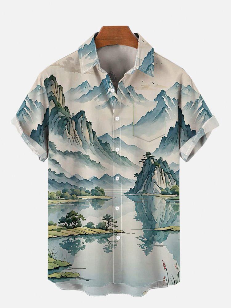 Men's Shirt Chinese Landscape Bamboo 1D Printing Short Sleeve Ethnic Style Single Breasted Source Factory