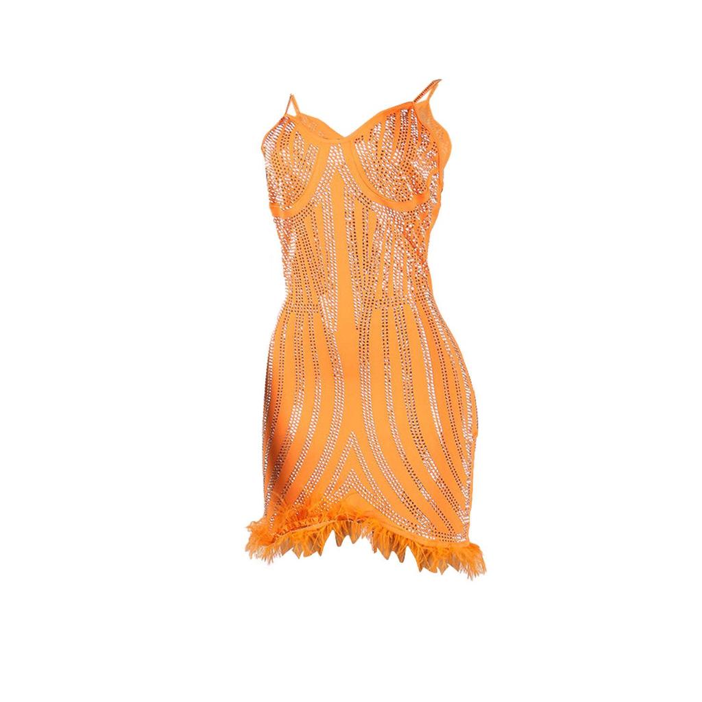 CQK2601 Европейско-американское сексуальное платье из перьев со стразами