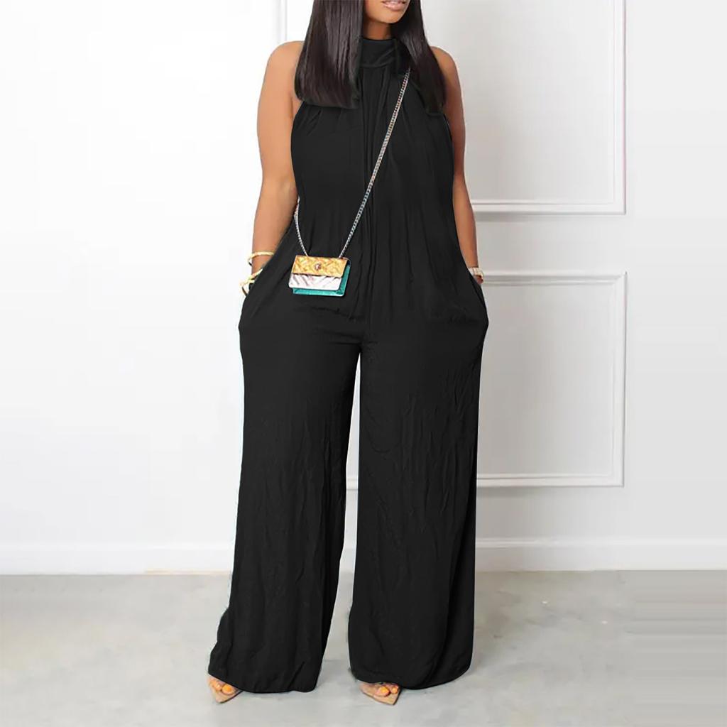 Women's Plus Size Jumpsuit Summer Beach Sleeveless Solid Color Casual Fashion Wide Leg Jumpsuit