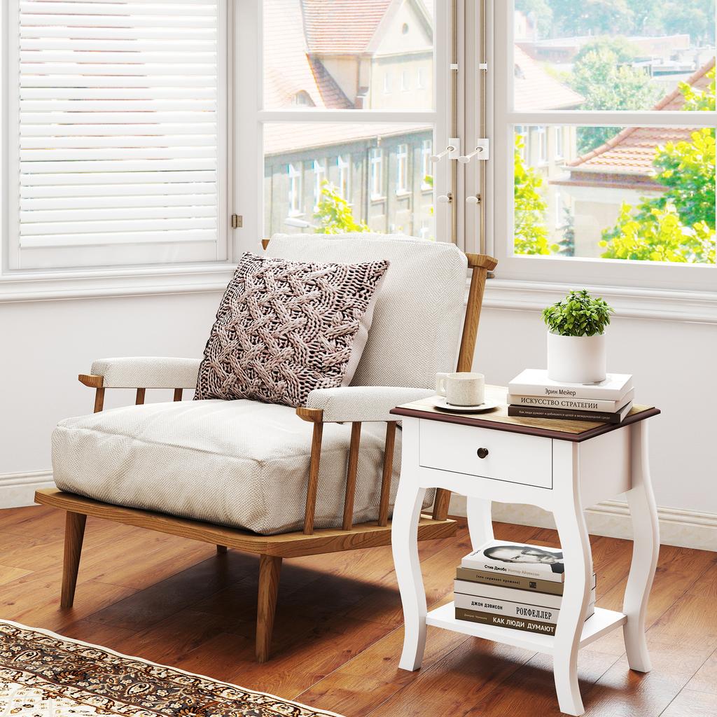 Set of 2 French-Style Nightstands, Drawer, Open Shelf, Oak Effect Top, 45x35x55 cm, White and Oak