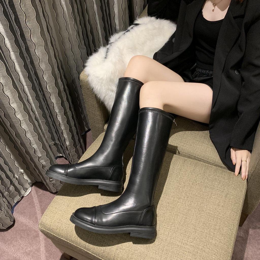 Flat Bottom Black White Elastic Boots Internet Celebrity Thin Boots Knee Boots High Boots Women's 2021 Autumn and Winter New