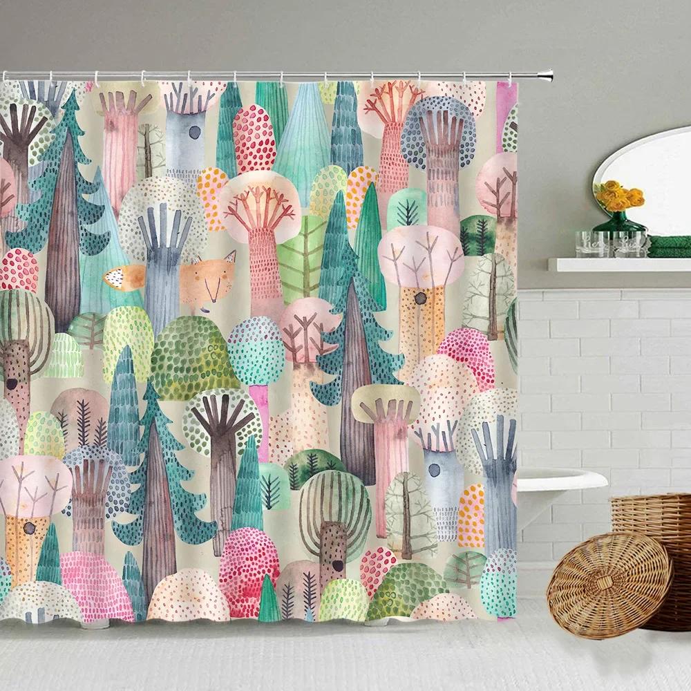 Cartoon Hand-Painted Animal Shower Curtain, Cat, Bird, Rabbit, Plant, Flower, Child Bathroom Decor With Hook
