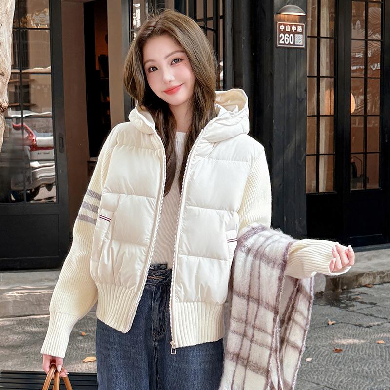 European and American style knitted cotton clothes splicing short autumn and winter hooded new thermal cotton-padded clothes jacket women