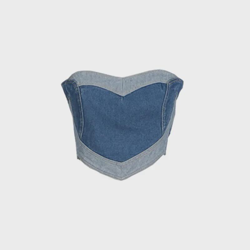 "2025 Spring Women's Sexy Denim Tube Top with Blue Heart Stitching"