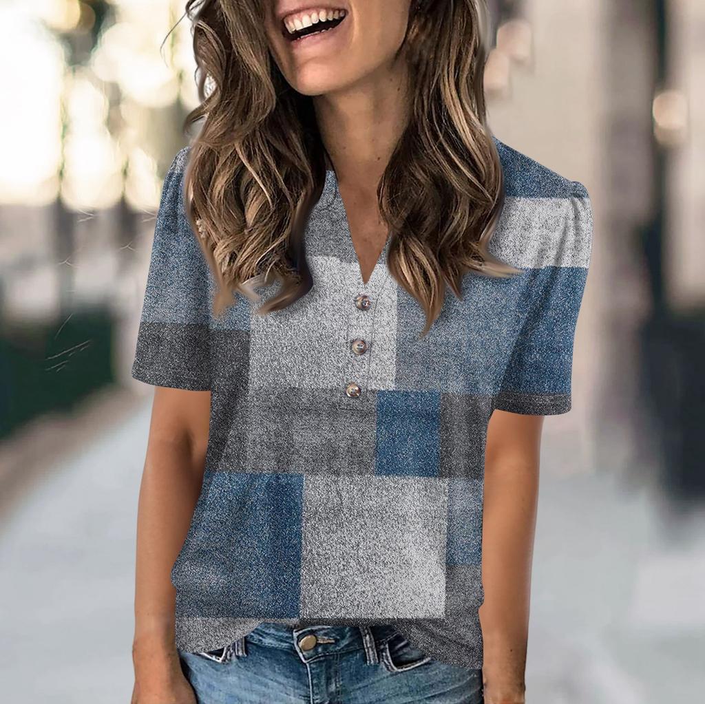 Женская модная повседневная футболка с цветными блоками и принтом в виде V-образного выреза с коротким рукавом и пуговицами