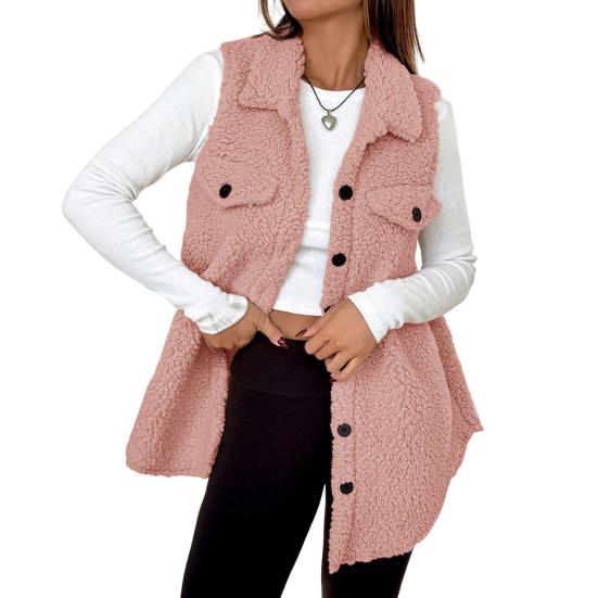 Women's Fuzzy Fleece Vest Casual Oversized Sleeveless Sherpa Jacket Button Down Fluffy Vest