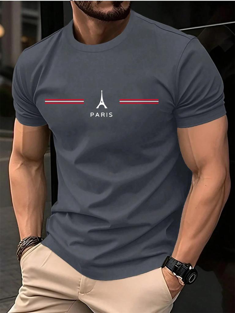 Men's 100% Pure Cotton Summer Loose Oversized Casual Paris Letter Printed Sports Round Neck Short Sleeved T-shirt Top