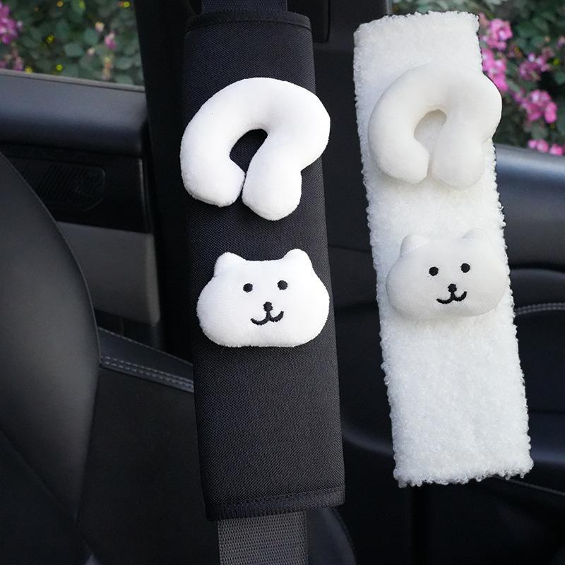 Cute Fluffy Cartoon Cat Car Seat Belt Cover Soft Padded Plush Shoulder Protector No Rubbing for Drivers