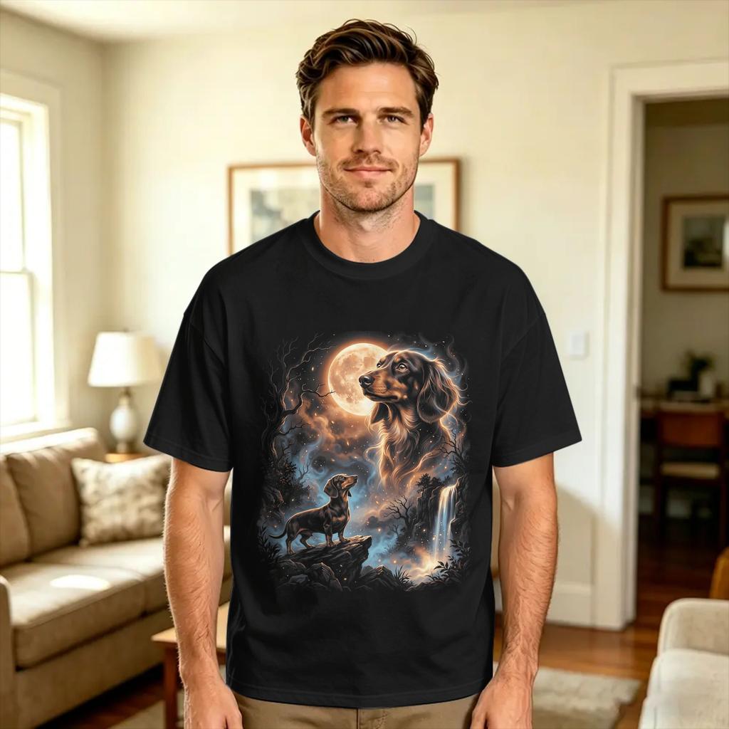 Dachshund Howling At The Moon Retro Graphic Dog Lovers T Shirt Summer Cotton T Shirts For Unisex Print Tee Shirt Y2k Casual Tops